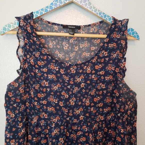 Forever 21 Navy Floral Babydoll 90s Retro Dress L - Picture 6 of 7